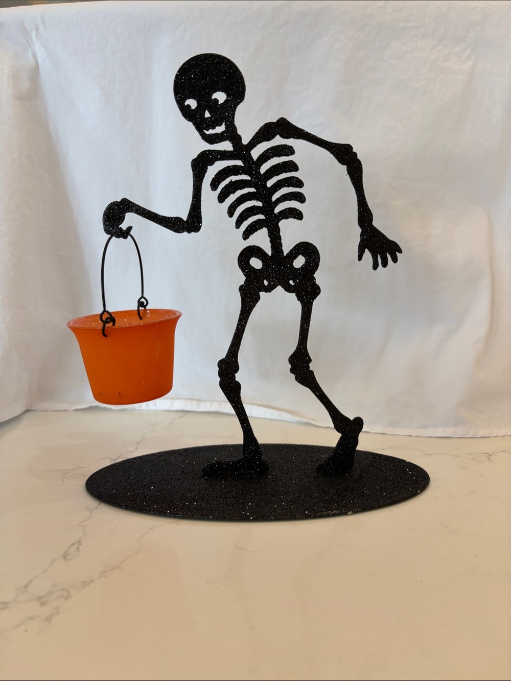 Hallmark Black Glitter Skeleton with Orange Bucket Candle Holder Halloween Decor